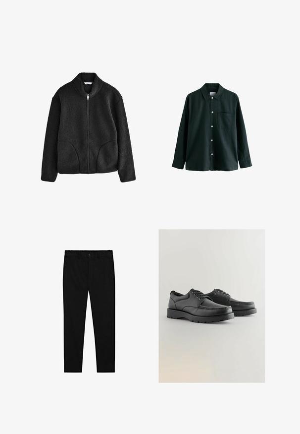 Zwarte fleecjack met hoge kraag, volledige rits aan de voorkant en twee zijzakken. Geweven stof met een zachte, pluizige textuur.; Donkergroene overhemden met kraag, lange mouwen en een enkele borstzak; heeft witte knopen en een zachte textuur.; Zwarte op maat gemaakte broeken met knoopsluiting, riemlussen en smal recht gesneden benen, weergegeven op een witte achtergrond.; Zwarte leren schoenen met een gestructureerde bovenkant, ronde neus, vetersluiting en dikke rubberen zolen met een patroon.