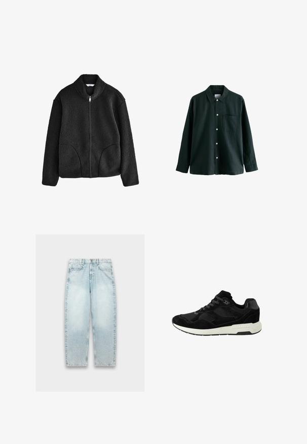 Zwarte fleecjack met hoge kraag, volledige rits aan de voorkant en twee zijzakken. Geweven stof met een zachte, pluizige textuur.; Donkergroene overhemden met kraag, lange mouwen en een enkele borstzak; heeft witte knopen en een zachte textuur.; Lichtblauwe denim jeans met een losse pasvorm, rechte pijpen, vervaagd textuur, vijf-pocket ontwerp en metalen knoopsluiting bij de taille.; Zwarte sportieve schoen van suede en mesh, met een ronde neus, vetersluiting en een witte rubberen zool met textuuraccenten.