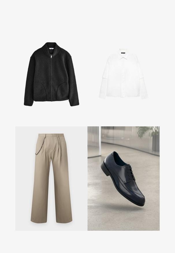Sort fleecejakke med høj krave, fuld frontlynlås og to sidelommer. Teksturstof med en blød, luksuriøs fornemmelse.; Hvid langærmet skjorte lavet af bomuld med knaplukning foran, der har en klassisk krave og oversized ærmer med en afslappet pasform.; Beige bukser med vide ben, forreste plisseringer og en metal kæde fastgjort til det venstre bæltebånd for stil.; Skinnende sorte læderdressko med snørebånd, svævende over et glat, lys grå gulv og lodrette metalstænger i baggrunden.