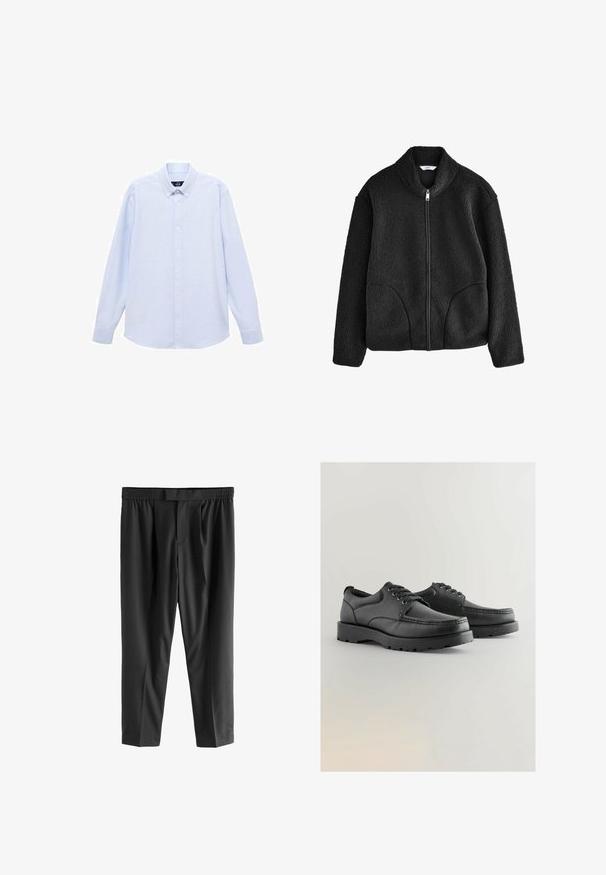 Zwarte fleecjack met hoge kraag, volledige rits aan de voorkant en twee zijzakken. Geweven stof met een zachte, pluizige textuur.; Lichtblauwe overhemd met lange mouwen, knoopsluiting en een klassieke kraag, met een rechte zoom en een subtiele textuur. Voorzien van een centrale knoopsluiting.; Next REGULAR FIT -CHECK SMART - Chino - black; Zwarte leren schoenen met een gestructureerde bovenkant, ronde neus, vetersluiting en dikke rubberen zolen met een patroon.