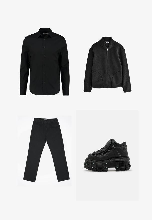 Black fleece jacket with high collar, full front zipper, and two side pockets. Textured fabric with a soft, plush feel.; Black long-sleeve shirt made of smooth fabric, features a button-up front, pointed collar, and a tailored fit with a curved hem.; Black denim jeans with a straight leg design, five pockets, and a classic waistband. The fabric has a smooth texture and minimal detailing.; Black leather high-top sneaker with a thick rubber sole, lace-up design, padded collar, and metal accents. Features treaded outsole for grip.