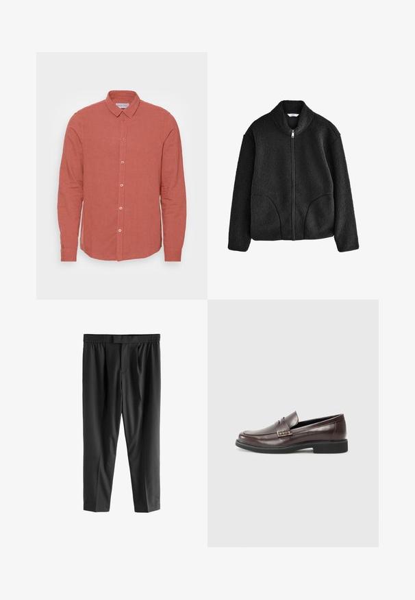 Svart fleecejacka med hög krage, full dragkedja fram och två sidofickor. Strukturerad tyg med en mjuk, plyschig känsla.; Långärmad skjorta i blek korallfärgad linne, med klassisk krage och knappstängning fram med matchande knappar. Slät textur och skräddarsydd passform.; Next REGULAR FIT -CHECK SMART - Chinos - black; Bruna läderskor i loafermodell med en slät yta, som har en subtil sömdekoration på ovandelen och en svart gummisula.