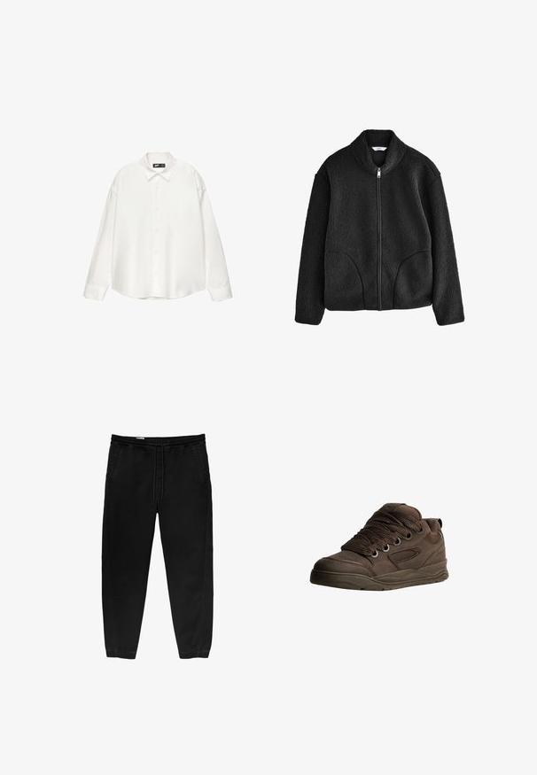 Schwarze Fleecejacke mit hohem Kragen, durchgehendem Reißverschluss und zwei Seitentaschen. Strukturiertes Material mit einem weichen, plüschigen Gefühl.; Weißes Hemd mit Knöpfen aus glattem Stoff, mit einem spitzen Kragen, langen Ärmeln und einer lässigen, boxy Silhouette.; Schwarze Hose mit elastischem Bund und Kordelzug, tapered Beinen, Seitentaschen und subtilen seitlichen Stickdetails. Weicher Baumwollstoff.; Braune Sportschuhe aus glattem synthetischem Material. Mit dicken Schnürsenkeln, Mesh-Akzenten, gepolstertem Schaft und strukturiertem Gummisohle.