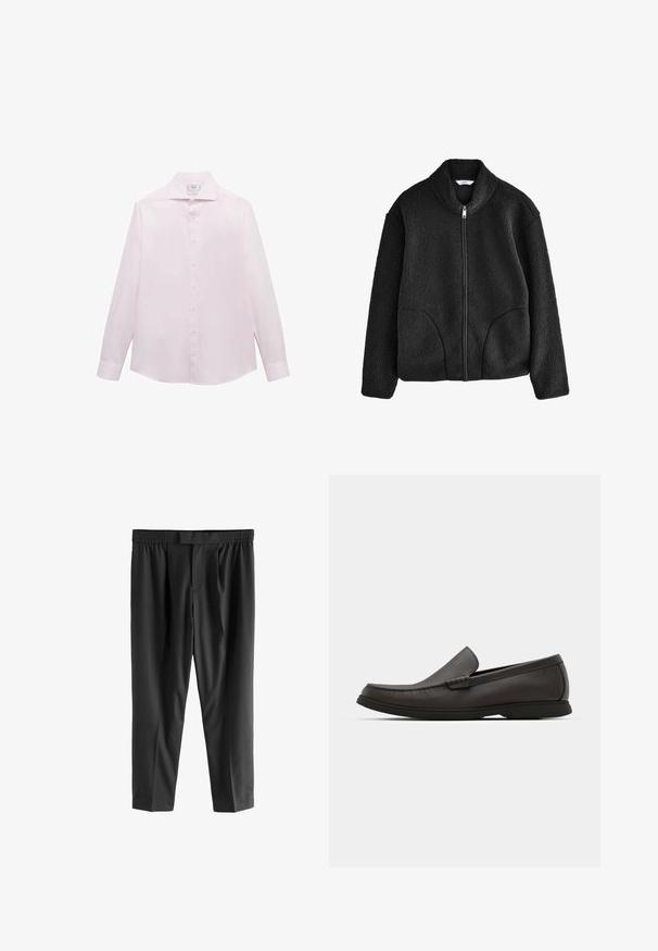 Giacca in pile nera con colletto alto, zip frontale completa e due tasche laterali. Tessuto strutturato con una sensazione morbida e pelosa.; Camicia a maniche lunghe rosa con colletto classico, sette bottoni bianchi lungo il davanti e orlo curvato. Tessuto morbido e leggero.; Next REGULAR FIT -CHECK SMART - Chino - black; Mocassini in pelle marrone scuro con punta arrotondata, dettagli di cucitura discreti e suola in gomma bassa. Texture liscia con una vestibilità flessibile.