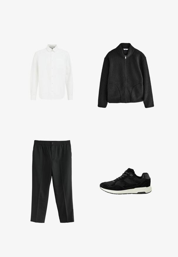 Must musta jope kõrge kraega, täispika lukuga ja kahe küljetaskuga. tekstuuriga kangas, millel on pehme ja sametine tunne.; Valge pikade varrukatega nööbiga särk, millel on point krae, esitasku ja pehme puuvillane kangas. Omab sirget allääret ja klassikalist disaini.; Mustadest kangast püksid, millel on elastne vöökoht ja üks nupp. Sirge jalgade disain ilma nähtavate taskuteta.; Must mustreeningust ja võrkkangast mustad sportlikud kingad, ümarate varvastega, nööbiga sulgemisega ja valge kummist talla tekstuursete aktsentidega.