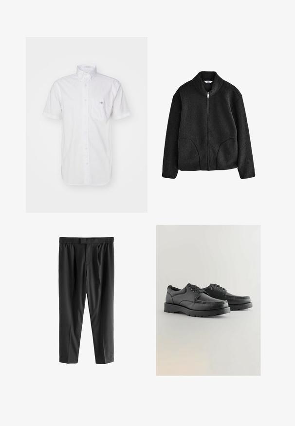 Mustat fleecetakki, jossa on korkea kaulus, koko etukuja ja kaksi sivutaskua. Teksturoitu kangas, jossa on pehmeä ja ylellinen tunne.; Lyhyet hihat, valkoinen nappipaita, joka on valmistettu kevyestä puuvillasta. Paidassa on rintatasku ja huomaamaton logo taskussa. Silkkinen pinta.; Next REGULAR FIT -CHECK SMART - Chinot - black; Mustat nahkakengät, joissa on teksturoitu pinta, pyöreä kärki, nauhakiinnitys ja paksut kumipohjat, joissa on kuvio.