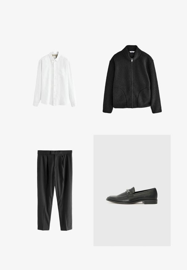 Juodas vilnos džemperis su aukštu apykakle, pilnu priekinio užtrauktuko uždarymu ir dviem šoniniais kišenėmis. Tekstūruotas audinys, pasižymintis minkštu ir puriu jausmu.; Balta ilgomis rankovėmis marškiniai pagaminti iš lengvos medžiagos, turintys mygtukų apykaklę, priekinį kišenę ir klasikinį mygtukų užsegimą.; Next REGULAR FIT -CHECK SMART - Chino stiliaus kelnės - black; Juodos odinės loafer tipo bateliai su lygiu paviršiumi, turintys siuvinėtą dizainą ir dekoratyvų metalo grandinėlės akcentą ant batų viršaus. Plokščias kulnas.