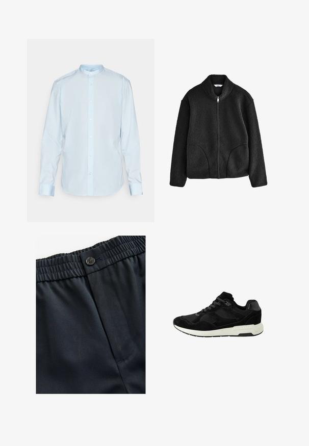 Juodas vilnos džemperis su aukštu apykakle, pilnu priekinio užtrauktuko uždarymu ir dviem šoniniais kišenėmis. Tekstūruotas audinys, pasižymintis minkštu ir puriu jausmu.; Šviesiai mėlynas ilgomis rankovėmis marškinys, pagamintas iš medvilnės, su juostine apykakle ir priekyje užsegamu mygtuku. Lygus paviršius su standartinėmis rankogaliais.; Jūros mėlynos spalvos, lengvas audinys su lygiu paviršiumi. Turi elastingą juosmenį su mygtuko uždarymu ir vieną šoninę kišenę.; Juodas sportinis batai, pagaminti iš zomšos ir tinklelio, su apvalia nosimi, raišteliu ir baltu guminio pado, dekoruotu tekstūromis.