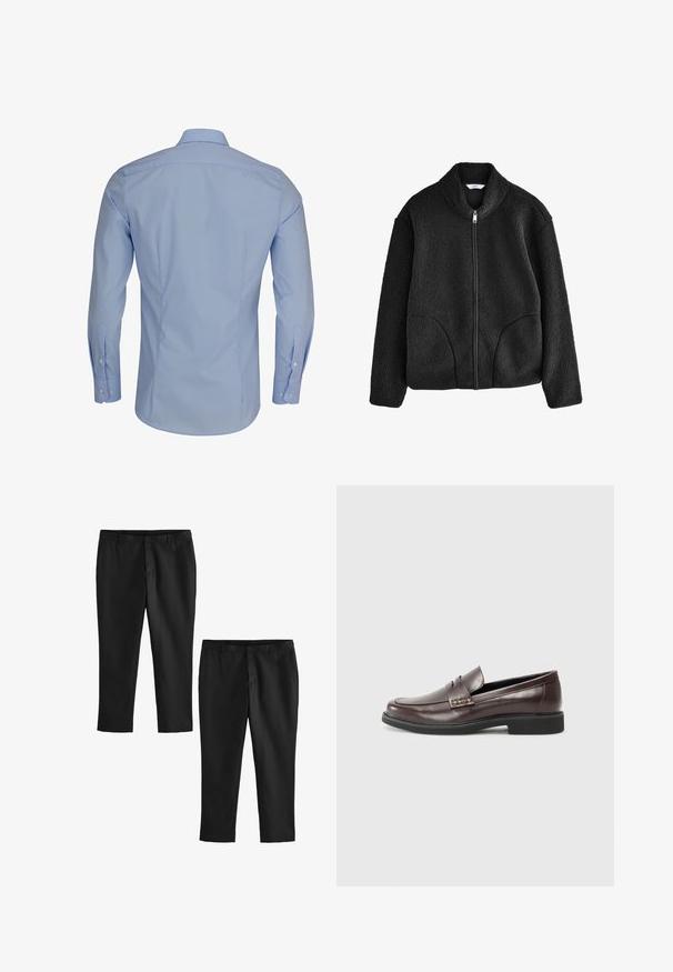 Jachetă neagră din fleece cu guler înalt, fermoar pe toată lungimea frontală și două buzunare laterale. Material texturat cu o senzație moale și pufos.; Cămașă lungă, de culoare albastru deschis, cu guler cu butoni, având o textură netedă și un croi ajustat, evidențiind detalii cu butoni albi.; Pantaloni negri, croiți, cu o textură netedă, având un design cu picior drept și talie medie. Se prezintă două perechi, una dintre ele fiind scurtă.; Loafers din piele maro cu un finisaj neted, având un detaliu cusut discret pe partea superioară și o talpă din cauciuc negru.