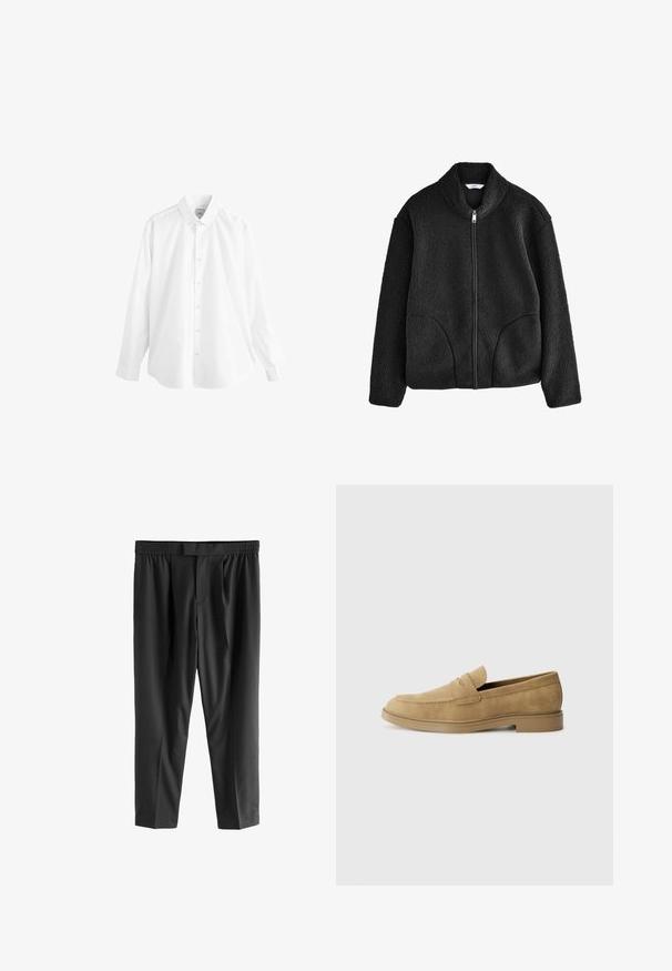 Giacca in pile nera con colletto alto, zip frontale completa e due tasche laterali. Tessuto strutturato con una sensazione morbida e pelosa.; Camicia bianca a maniche lunghe con colletto classico, realizzata in tessuto liscio. Presenta una patta frontale e un orlo arrotondato con polsini abbottonati.; Next REGULAR FIT -CHECK SMART - Chino - black; Mocassini in suede beige con punta rotonda, tacco basso a blocco e dettagli di cucitura sulla parte superiore. Texture liscia e design minimalista.