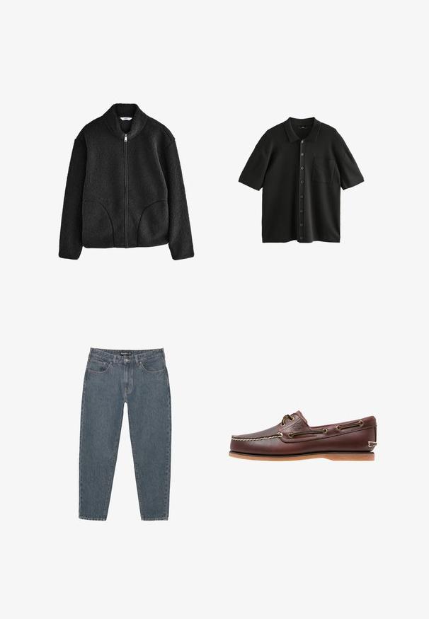 Schwarze Fleecejacke mit hohem Kragen, durchgehendem Reißverschluss und zwei Seitentaschen. Strukturiertes Material mit einem weichen, plüschigen Gefühl.; Schwarzes Kurzarm-Polohemd aus strukturiertem Stoff, mit einer Knopfleiste und einer Brusttasche. Die Knöpfe sind dunkel und glänzend.; Dunkelblaue Jeans aus Denim mit lockerer Passform, Fünf-Taschen-Design, Knopfverschluss und leicht fransigem Saum. Strapazierfähiges Material mit subtiler Textur.; Braune Lederbootsschuhe mit weißen Nähten, braunen Schnürsenkeln und einer sandfarbenen Gummisohle. Mit einem Logo an der Seite und Metallösen für die Schnürsenkel.