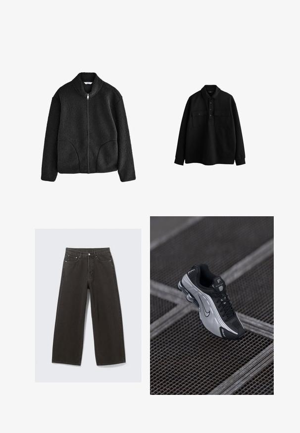 Melnā flīsa jaka ar augstu apkakli, pilnu priekšējo rāvējslēdzi un divām sānu kabatām. Strukturēta auduma ar mīkstu, pūkainu sajūtu.; Melnā krūštura forma ar garām piedurknēm, apkakli, divām krūšu kabatām, pieciem pogām un brīvu griezumu. Izgatavota no mīksta, teksturēta auduma.; Plati melni džinsi ar augstu jostas daļu, piecu kabatu dizainu un pogu aizdari. Audums ir mīksts un ar teksturētu apdari.; Nike sporta apavi ar melnu un sudraba dizainu. Izgatavoti no sintētiskā materiāla ar sieta akcentiem un atbalstošu zoli ar redzamu gaisa amortizāciju.