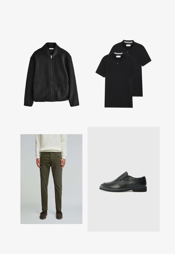 Veste en polaire noire avec col montant, fermeture éclair sur toute la longueur devant et deux poches latérales. Tissu texturé avec une sensation douce et moelleuse.; Deux polos noirs, à manches courtes, en coton, avec un col classique, une patte de boutonnage à deux boutons, et des accents rayés blancs à l'intérieur du col.; Scalpers FIVE POCKETS - Jean droit - khaki; Chaussure slip-on en cuir noir avec une tige lisse, des accents cousus, un bout arrondi et un petit talon en caoutchouc. La semelle présente un profil de traction minimal.