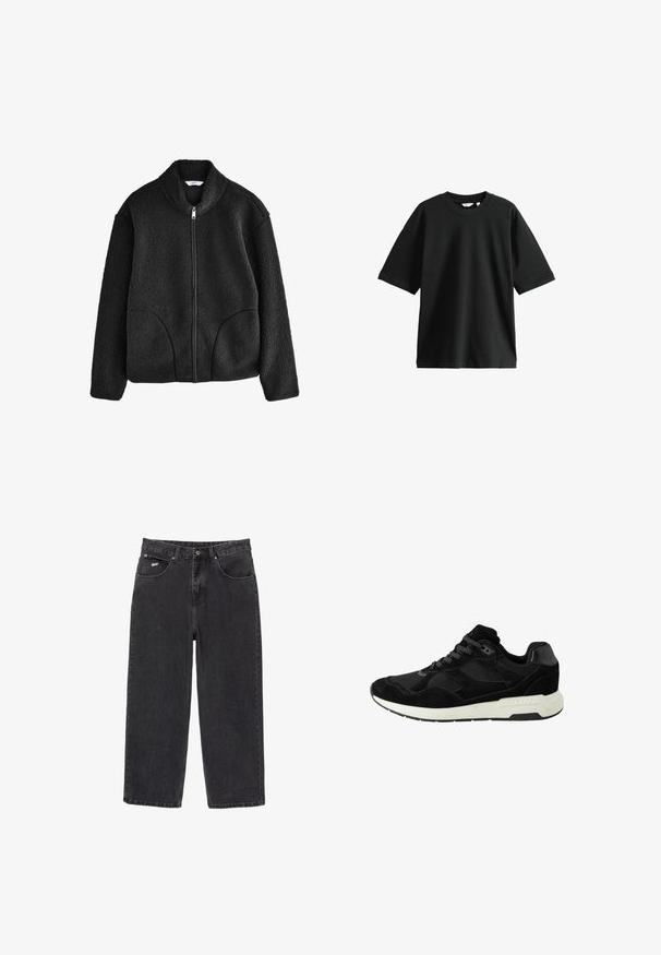 Fekete bolyhos dzseki magas gallérral, teljes elülső cipzárral és két oldalsó zsebbel. Texturált anyag, amely puha, plüss érzetű.; Fekete, rövid ujjú pamut póló, kerek nyakkal és laza fazonnal, puha tapintással és minimális részletezéssel.; Fekete egyenes szárú farmernadrág öt zsebbe és gombos záródással, a jobb elülső zseben egy kis fehér logóval.; Fekete sportcipő, amely velúrból és hálóból készült, lekerekített orral, fűzős záródással és fehér gumitalppal rendelkezik, amelyen texturált részletek találhatók.