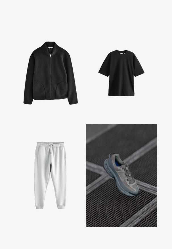 Melnā flīsa jaka ar augstu apkakli, pilnu priekšējo rāvējslēdzi un divām sānu kabatām. Strukturēta auduma ar mīkstu, pūkainu sajūtu.; Melnas īsām piedurknēm t-krekls, izgatavots no kokvilnas, ar apaļu kaklu un brīvu piegriezumu, mīksta tekstūra un minimāli detaļas.; Pelēkie sporta bikses ar auklā velkamu vidukli, divām sānu kabatām un pieguļošām potītēm, izgatavotas no mīkstas, teksturētas auduma.; Bežīgas un pelēkas sporta kurpes ar teksturētu sieta augšdaļu, noapaļotu purngalu un gumijas zoli, satur šņores un mīkstinātu apkakli.