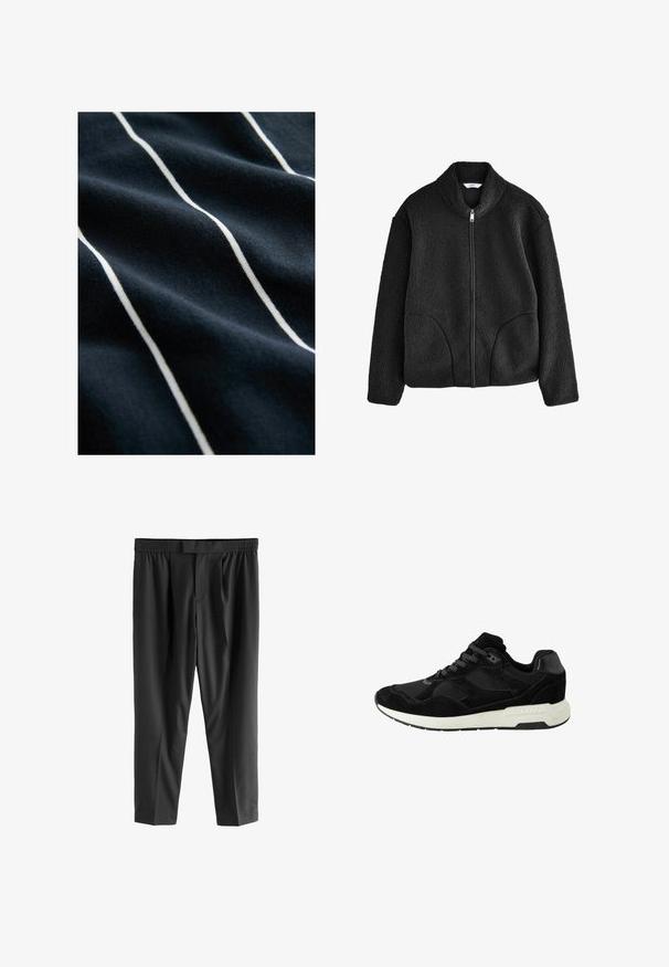 Juodas vilnos džemperis su aukštu apykakle, pilnu priekinio užtrauktuko uždarymu ir dviem šoniniais kišenėmis. Tekstūruotas audinys, pasižymintis minkštu ir puriu jausmu.; Tamsiai mėlynas audinys su baltais vertikaliais dryžiais, pasižymintis lygiu paviršiumi ir nedideliu blizgesiu, akcentuojantis dryžuotą raštą.; Next REGULAR FIT -CHECK SMART - Chino stiliaus kelnės - black; Juodas sportinis batai, pagaminti iš zomšos ir tinklelio, su apvalia nosimi, raišteliu ir baltu guminio pado, dekoruotu tekstūromis.