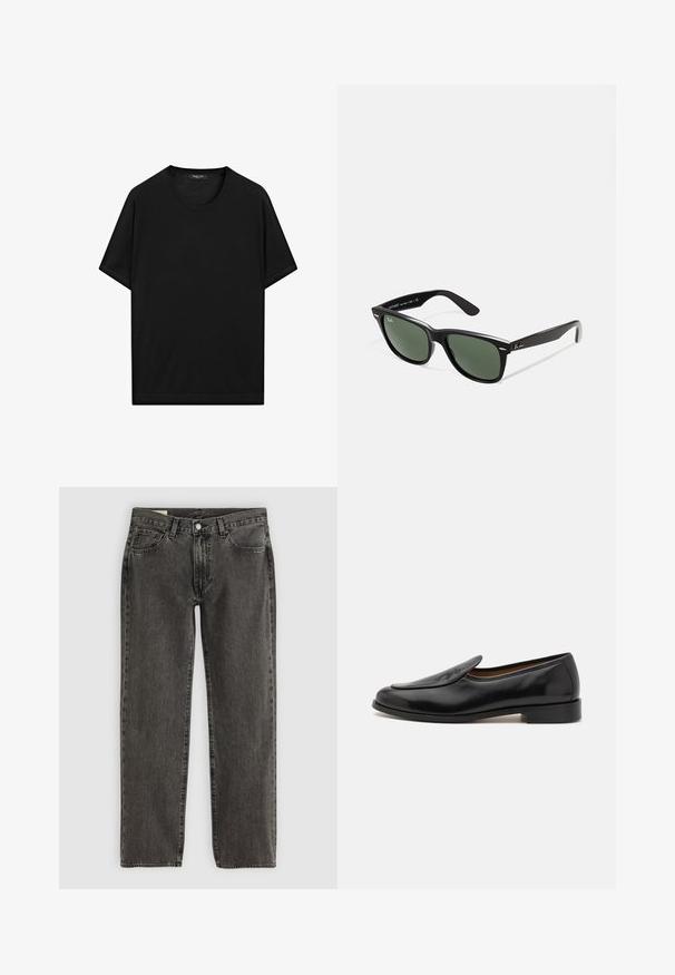 Svart läderjacka med dragkedja och ståkrage samt två sidofickor framtill, designad med släta och matta läderpaneler.; HUGO SAN VREDO - Stickad tröja - black; Svart kortärmad t-shirt i mjuk bomull. Har rund halsringning och rak fåll. Enkel, enfärgad design utan mönster eller detaljer.; Svarta, urblekta raka jeans med fem fickor, knappstängning och bälteshällor, liggande platt på en vit bakgrund.; Svarta läderloafers med en slät yta, rund tå, låg klack och sidoflikar för enkel påtagning. Har en diskret logotypdetalj på framsidan.; Svarta plastsolglasögon med gröna linser, fyrkantiga bågar, silverdetalj på ögonbrynet och texturerade skalmar. Angiven märkning på den inre skalmen.