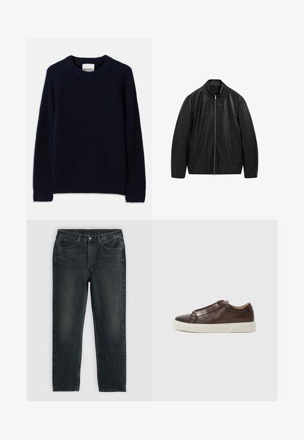 Giacca in pelle nera con zip e colletto alto, progettata con pannelli di pelle liscia e opaca e dotata di due tasche frontali laterali.; Maglione a coste di un blu navy con scollo rotondo e maniche lunghe. Presenta un orlo dritto e un motivo testurizzato su tutta la superficie.; Jeans in denim blu scuro con taglio dritto, dotati di cinque tasche, chiusura con zip e cuciture a contrasto. Leggera scoloritura sul tessuto.; Sneaker in pelle marrone con punta arrotondata, suola in gomma bianca a contrasto, dettagli cuciti e nessun lace visibile. Texture complessiva liscia.