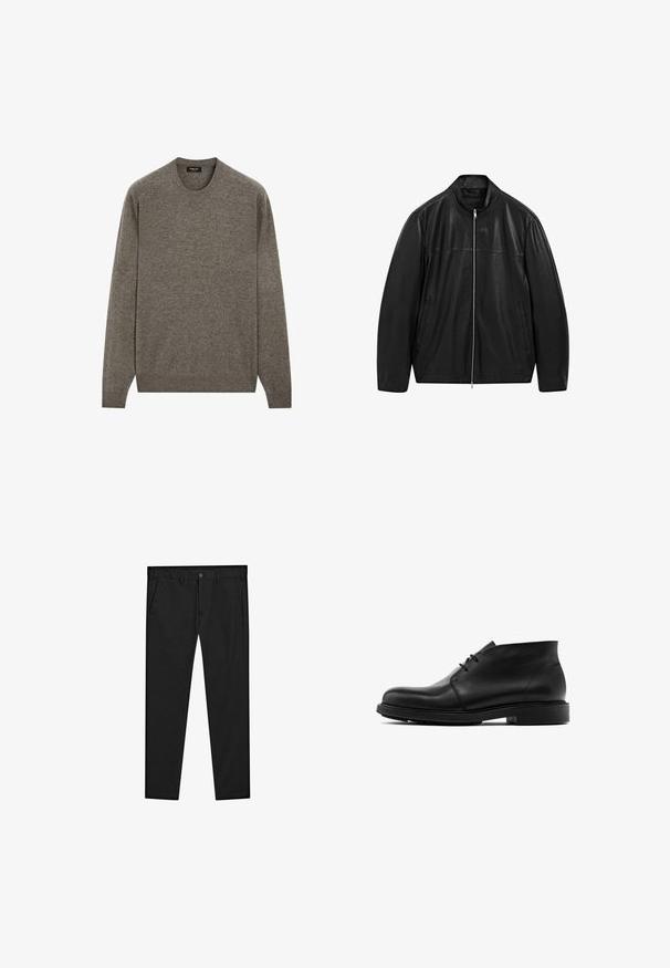 Svart läderjacka med dragkedja och ståkrage samt två sidofickor framtill, designad med släta och matta läderpaneler.; Brun stickad tröja med rund halsringning, långa ärmar, ribbade mudd och fåll, mjuk textur och en enkel design utan mönster eller dekorationer.; Svarta chinos med rak passform, tillverkade av mjukt material. Har knappstängning, bältesloopar och sidofickor. Slät yta.; Svarta läderstövletter med rundad tå, snörning och en platt gummisula. Slät yta med minimal detaljering.
