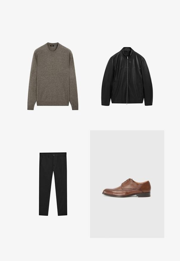 Giacca in pelle nera con zip e colletto alto, progettata con pannelli di pelle liscia e opaca e dotata di due tasche frontali laterali.; Maglione girocollo marrone a maglia con maniche lunghe, polsini e orlo a coste, morbida texture e un design semplice senza motivi o decorazioni.; Chinos neri con design a gamba dritta, realizzati in tessuto morbido. Presentano una chiusura con bottone, passanti per cintura e tasche laterali. Texture liscia.; Scarpa da uomo in pelle marrone con finitura liscia, punta arrotondata, allacciatura con cinque occhielli e tacco basso e piatto. Sottile cucitura decorativa sui lati.