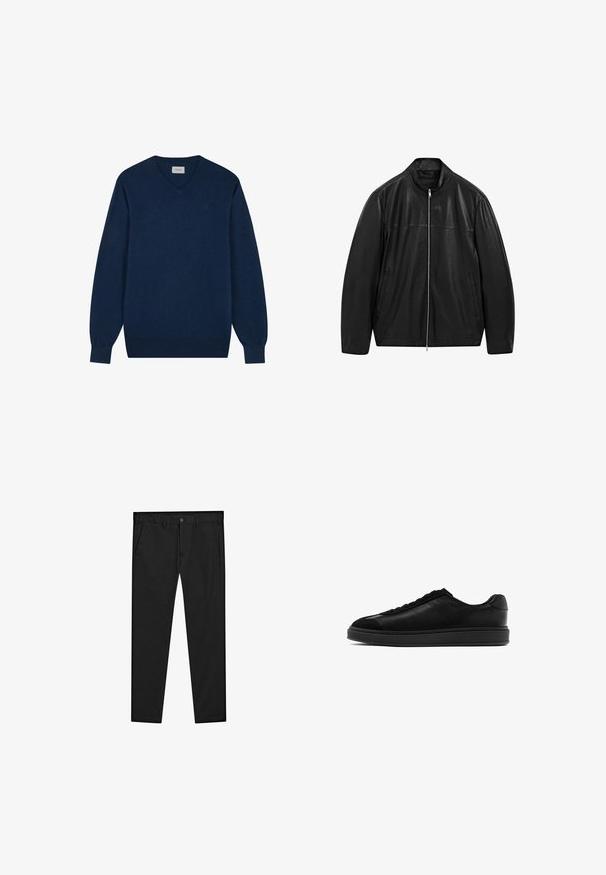 Giacca in pelle nera con zip e colletto alto, progettata con pannelli di pelle liscia e opaca e dotata di due tasche frontali laterali.; Maglione navy blue a scollo a V realizzato in tessuto morbido, con maniche lunghe, polsini e orlo a coste, e un dettaglio logo discreto sulla parte anteriore.; Chinos neri con design a gamba dritta, realizzati in tessuto morbido. Presentano una chiusura con bottone, passanti per cintura e tasche laterali. Texture liscia.; Sneaker in pelle nera con finitura liscia, punta rotonda, laccio frontale e linguetta testurizzata a contrasto. Suola in gomma nera spessa.