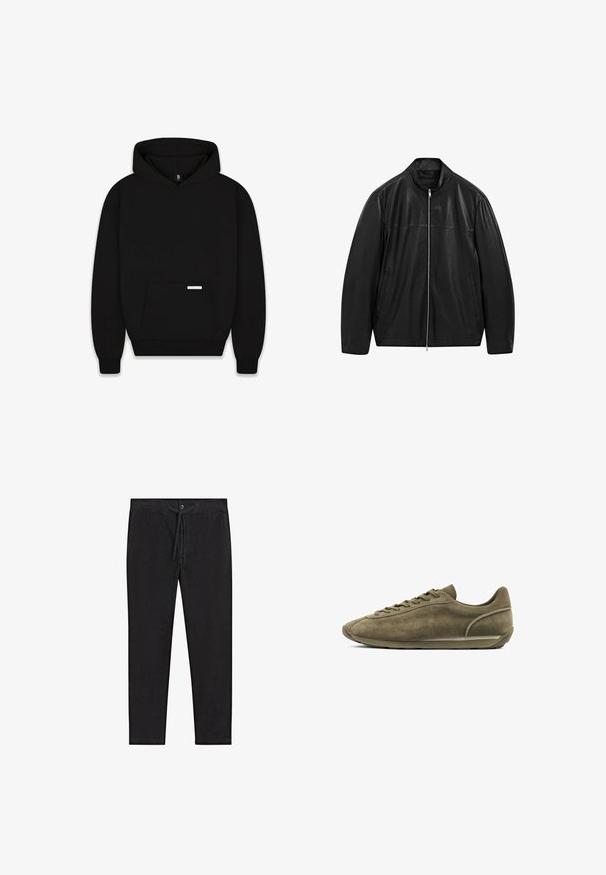 Schwarze Lederjacke mit Reißverschluss und Stehkragen, ausgestattet mit zwei Seitentaschen, gestaltet mit glattem und mattem Leder.; Schwarzer Hoodie mit einer Vorderseite-Tasche, gerippten Bündchen und Saum. Verfügt über eine gefütterte Kapuze und ein kleines Etikett an der Tasche. Hergestellt aus weichem Stoff.; Schwarze Hose aus leichtem Stoff, mit elastischem Bund, Kordelzugverschluss und geradem Bein Design. Keine Muster oder Akzente.; Olivgrüner Wildledersneaker mit niedrigem Profil, runder Zehenpartie, Schnürung und minimalistischem Design. Mit einer strukturierten Oberseite und Gummisohle.