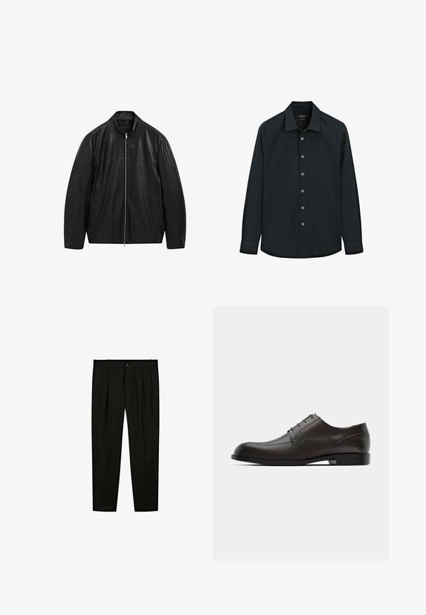 Černá kožená bunda na zip s stojáčkovým límcem a dvěma předními bočními kapsami, navržená s hladkými a matnými koženými panely.; Černá košile s dlouhým rukávem a knoflíky s límečkem, sedmi knoflíky vpředu a manžetami, předvedená na bílém pozadí.; Černé oblekové kalhoty vyrobené z hladké tkaniny. Mezi další vlastnosti patří rovný přední díl, široké nohavice a zapínání na knoflík v pase.; Hnědé kožené společenské boty s kulatou špičkou, minimálním prošíváním a hladkým povrchem. Mají nízký podpatek a jednoduchý design na šněrování.