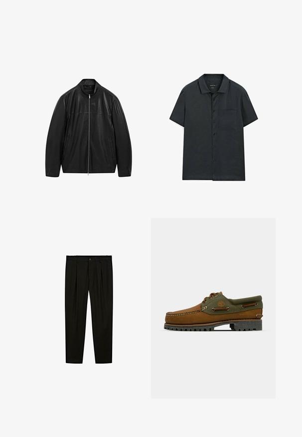Schwarze Lederjacke mit Reißverschluss und Stehkragen, ausgestattet mit zwei Seitentaschen, gestaltet mit glattem und mattem Leder.; Kurzarm-Hemd aus dunkelgrauem Stoff, mit einem einfachen Kragen, einer Brusttasche und einer glatten Textur.; Schwarze maßgeschneiderte Hose aus glattem Stoff. Zu den Merkmalen gehören eine flache Vorderseite, weite Beine und ein Knopfverschluss am Taillenbund.; Braune Lederschuhe mit grünen Textilakzenten. Verfügen über ein Mokassin-Design, gesticktes Logo und eine robuste Gummisohle mit tiefem Profil.