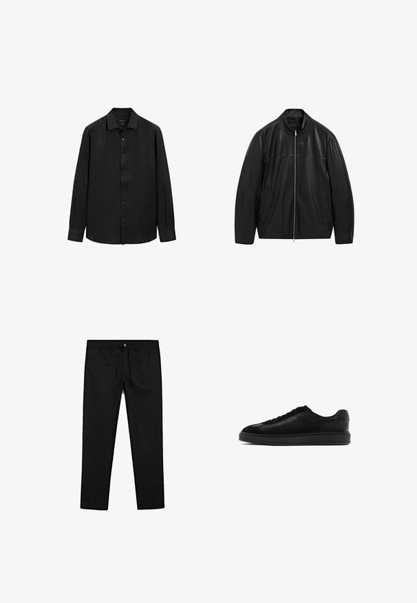 Zwarte leren jack met rits en staande kraag, voorzien van twee voorzakken, ontworpen met een combinatie van gladde en matte leren panelen.; Zwarte lange mouw blouse van een gestructureerde stof; heeft een puntige kraag en knoopsluiting aan de voorkant. Eenvoudig ontwerp, geen patronen.; Zwarte casual broek met elastische tailleband, knoop- en trekkoordsluiting, voorzien van zijzakken en een rechte pasvorm.; Zwarte leren sneakers met een gladde afwerking, ronde neus, vetersluiting aan de voorkant en een contrasterende, gestructureerde tong. Dikke zwarte rubberen zool.