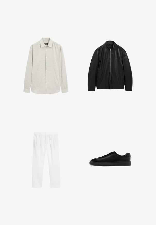 Zwarte leren jack met rits en staande kraag, voorzien van twee voorzakken, ontworpen met een combinatie van gladde en matte leren panelen.; Overhemd met knopen in lichtgroen ruitpatroon, gemaakt van een katoenmix. Heeft een klassieke kraag en lange mouwen, met een rechte zoom.; Witte, lichte broeken met een relaxte pasvorm. Beschikt over een flat front, elastische tailleband en zijzakken. Soepele textuur, rechte pijpen.; Zwarte leren sneakers met een gladde afwerking, ronde neus, vetersluiting aan de voorkant en een contrasterende, gestructureerde tong. Dikke zwarte rubberen zool.