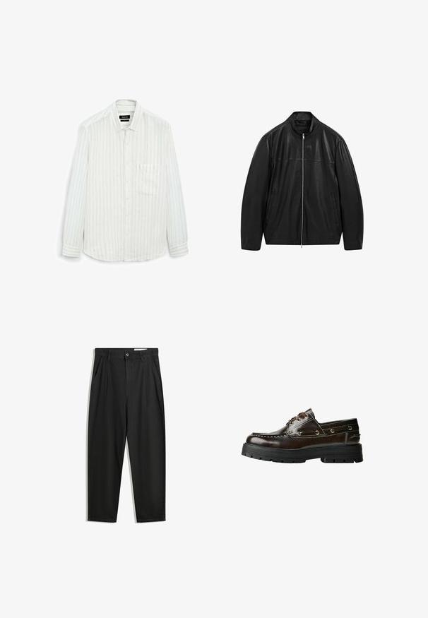 Giacca in pelle nera con zip e colletto alto, progettata con pannelli di pelle liscia e opaca e dotata di due tasche frontali laterali.; Camicia bianca a maniche lunghe con sottili righe verticali. Design con bottoni, taschino sul petto e un tessuto morbido e testurizzato con una vestibilità comoda.; Pantaloni in cotone neri con una vestibilità rilassata, dotati di una vita classica, pieghe frontali e tasche laterali. Tessuto liscio senza fantasie.; Scarpa da barca in pelle marrone con suola in gomma, dotata di dettagli di cucitura, occhielli metallici e design con lacci. Costruzione robusta e leggera.