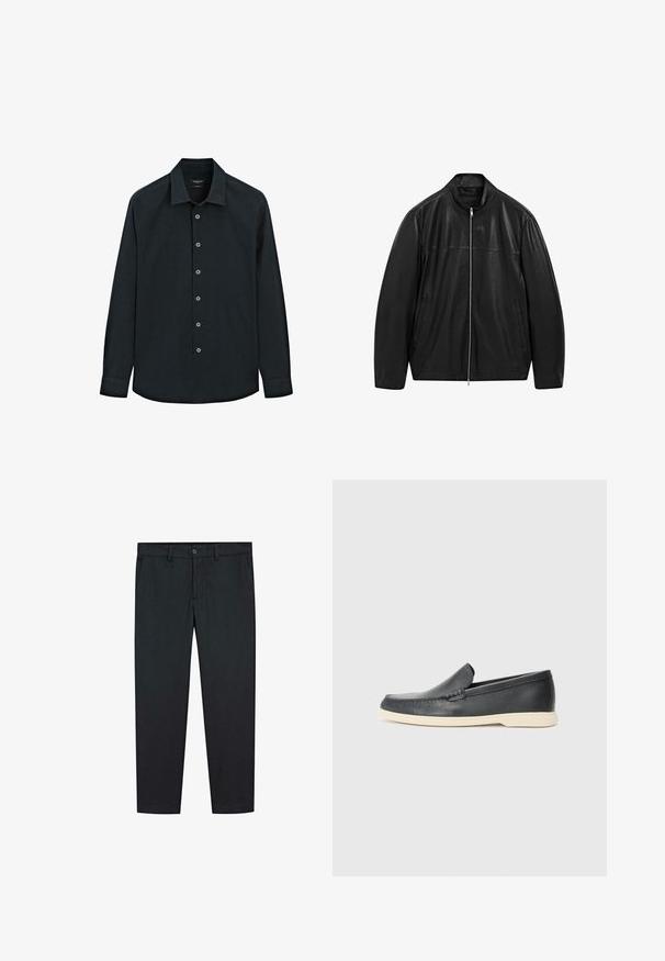 Schwarze Lederjacke mit Reißverschluss und Stehkragen, ausgestattet mit zwei Seitentaschen, gestaltet mit glattem und mattem Leder.; Schwarzes langärmliges Hemd mit Knopfverschluss und Kragen, sieben Knöpfe auf der Vorderseite und Manschetten, auf weißem Hintergrund präsentiert.; Schwarze Hosen mit geradem Bein Design, aus glattem Stoff gefertigt. Besitzt zwei Fronttaschen und einen Knopfverschluss in der Taille.; Schwarze Leder-Slipper mit strukturiertem Finish und einer kontrastierenden beige Gummisohle. Mit einem dezenten Akzent an der Vorderseite.