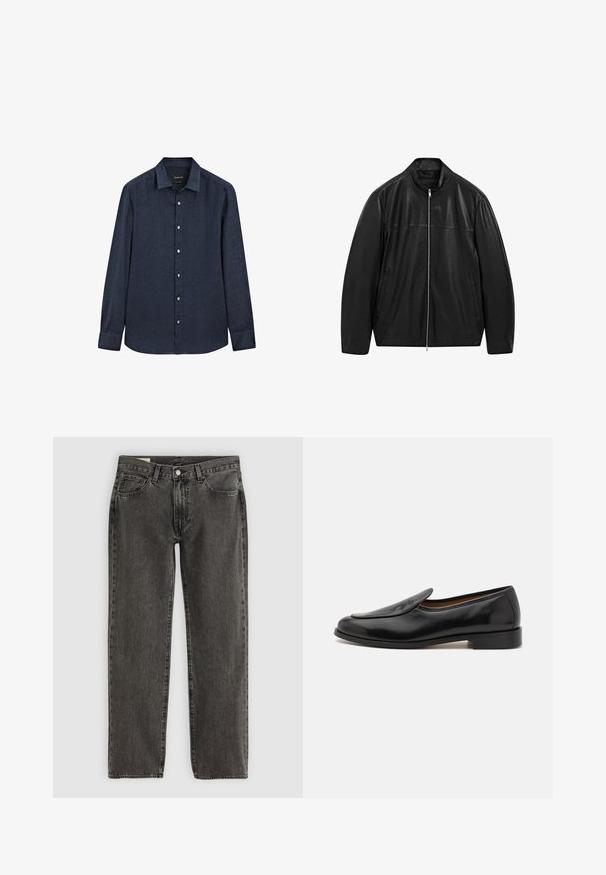 Sort zip-up læderjakke med opretstående krave og to forreste sidelommer, designet med glat og mat læderpaneler.; Massimo Dutti SLIM FIT GARMENT - Skjorter - dark blue; Sorte, slidte straight-leg jeans med fem lommer, knaplukning og bæltestropper, lagt fladt på en hvid baggrund.; Sorte læder loafers med en glat overflade, rund tå, lav hæl og skuldersnit for nem påtagning. Har en diskret logo detalje foran.
