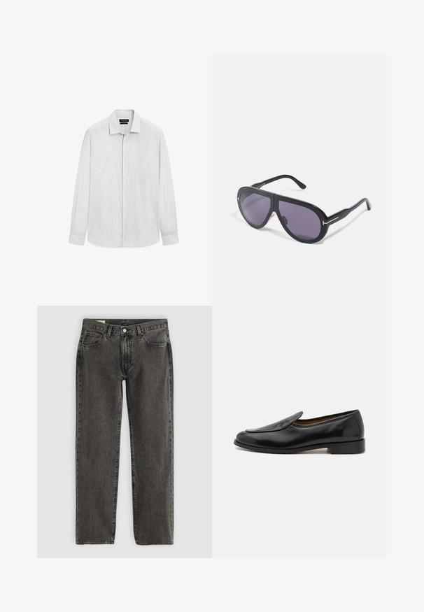 Giacca in pelle nera con zip e colletto alto, progettata con pannelli di pelle liscia e opaca e dotata di due tasche frontali laterali.; Camicia da uomo a maniche lunghe bianca con sottili righe verticali grigie, abbottonatura frontale e colletto a punte.; Jeans dritti neri sbiaditi con cinque tasche, chiusura con bottone e passanti per cintura, stesi su uno sfondo bianco.; Mocassini in pelle nera con finitura liscia, punta arrotondata, tacco basso e fessure laterali per un facile indossamento. Presentano un discreto logo sulla parte anteriore.; Occhiali da sole neri con montatura oversize e angolare, lenti viola scure e dettagli in tono oro sulle aste. Finitura opaca con una texture liscia.