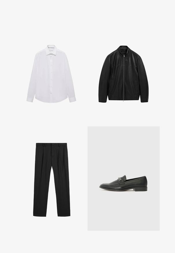 Černá kožená bunda na zip s stojáčkovým límcem a dvěma předními bočními kapsami, navržená s hladkými a matnými koženými panely.; Mango Košile - white; Černé plisované kalhoty vyrobené z hladkého materiálu, s tradičním pasem a rovnými nohavicemi. Žádné viditelné vzory ani kovové prvky.; Černé kožené mokasíny s hladkým povrchem, s prošívaným designem a dekoračním kovovým řetízkem přes nárt. Plochý podpatek.