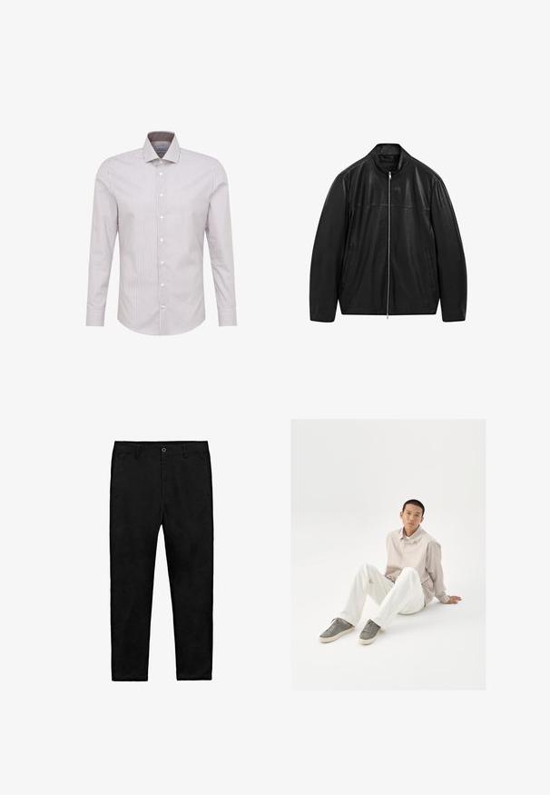 Czarna skórzana kurtka na zamek z stojącym kołnierzem i dwiema przednimi kieszeniami, zaprojektowana z gładkimi i matowymi panelami skórzanymi.; Koszula z długim rękawem w paski w jasnobrązowym i kremowym kolorze, z zapięciem na guziki z przodu oraz kontrastowym kołnierzykiem. Lekka tkanina o gładkiej fakturze.; Czarne spodnie proste z guzikowym zapięciem, szlufkami na pasek i bocznymi kieszeniami, ułożone na płasko na białym tle.; Beżowa koszula z guzikami, białe spodnie i szare sneakersy. Koszula ma luźny krój, a sneakersy mają teksturowaną powierzchnię i sznurowany design.