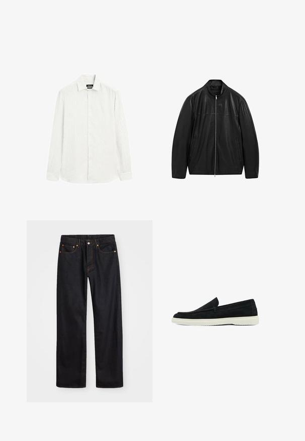 Schwarze Lederjacke mit Reißverschluss und Stehkragen, ausgestattet mit zwei Seitentaschen, gestaltet mit glattem und mattem Leder.; Langarmhemd in Hellgrau mit subtilen vertikalen Streifen. Button-down-Kragen, durchgängige Knopfleiste und Ein-Knopf-Manschetten. Strukturiert gewebter Stoff.; Herren gerade geschnittene schwarze Jeans aus Denim mit fünf Taschen und orangefarbenen Nähten, Knopf- und Reißverschluss vorne am Bund.; Schwarze Wildleder-Slippers mit flachem Profil und weißen Gummisohlen. Sie verfügen über eine abgerundete Zehenpartie und subtile Nähdetails.