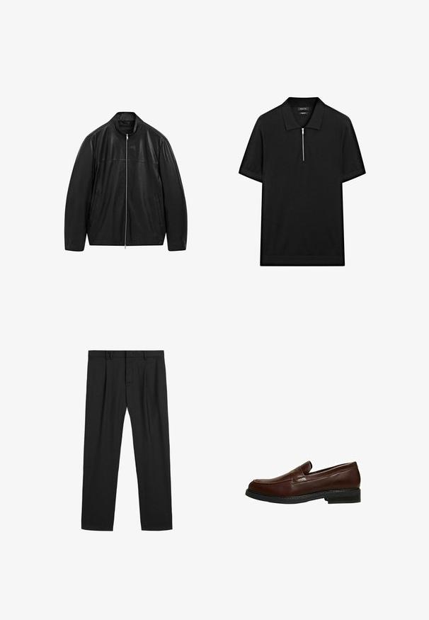 Zwarte leren jack met rits en staande kraag, voorzien van twee voorzakken, ontworpen met een combinatie van gladde en matte leren panelen.; Zwarte polo met korte mouwen, een staande kraag en een rits aan de voorkant. Gemaakt van een gladde stof met een schoon, minimalistisch ontwerp.; Zwarte geplooide broeken gemaakt van een gladde stof, met een traditionele tailleband en een recht gesneden ontwerp. Geen zichtbare patronen of hardware.; Matcha-kleurige leren loafers met een ronde neus, instapontwerp, subtiele stiksels en een zwarte rubberen zool. Over het geheel een gladde textuur.