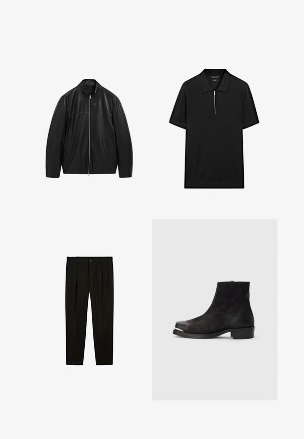 Schwarze Lederjacke mit Reißverschluss und Stehkragen, ausgestattet mit zwei Seitentaschen, gestaltet mit glattem und mattem Leder.; Schwarzes kurzärmliges Poloshirt mit Stehkragen und einem Reißverschluss vorne. Hergestellt aus einem glatten Stoff mit einem klaren, minimalistischen Design.; Schwarze maßgeschneiderte Hose aus glattem Stoff. Zu den Merkmalen gehören eine flache Vorderseite, weite Beine und ein Knopfverschluss am Taillenbund.; Schwarze Knöchelstiefel aus Wildleder und Leder, mit gerundeter Zehenpartie, kleinem Absatz, silbernen metallischen Akzenten an der Zehenpartie und elastischen Seitenpanelen.