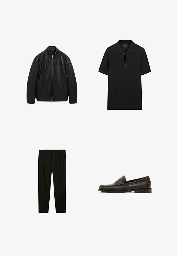 Sort zip-up læderjakke med opretstående krave og to forreste sidelommer, designet med glat og mat læderpaneler.; Sort kortærmet polo skjorte med ståkrave og frontlynlås. Lavet af et glat stof med et rent, minimalistisk design.; Sorte skræddersyede bukser lavet af glat stof. Funktioner inkluderer flad front, brede ben og en knaplukning i taljen.; Brune læder loafers med en glat tekstur, der har dekorative syninger, en lav hæl og et afrundet tådesign.