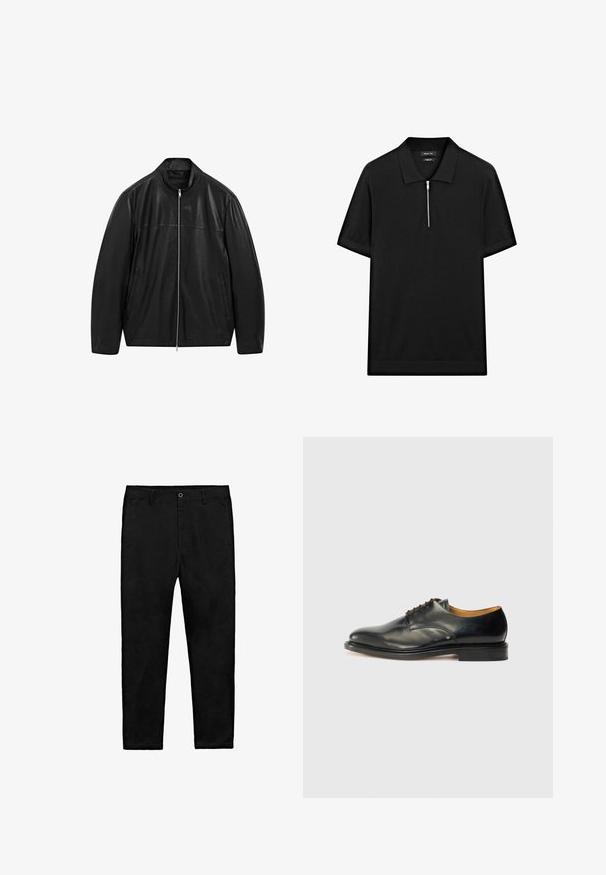 Zwarte leren jack met rits en staande kraag, voorzien van twee voorzakken, ontworpen met een combinatie van gladde en matte leren panelen.; Zwarte polo met korte mouwen, een staande kraag en een rits aan de voorkant. Gemaakt van een gladde stof met een schoon, minimalistisch ontwerp.; Zwarte rechte broek met knoopsluiting, riemlussen en zijzakken, plat neergelegd op een witte achtergrond.; Zwarte leren nette schoen met een gladde afwerking, ronde neus en minimale veters. Beschikt over een subtiel ontwerp en een lage, stevige rubberen zool.