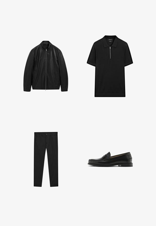 Giacca in pelle nera con zip e colletto alto, progettata con pannelli di pelle liscia e opaca e dotata di due tasche frontali laterali.; Polo shirt nero a maniche corte con colletto rialzato e zip frontale. Realizzato in un tessuto liscio con un design pulito e minimalista.; Chinos neri con design a gamba dritta, realizzati in tessuto morbido. Presentano una chiusura con bottone, passanti per cintura e tasche laterali. Texture liscia.; Mocassini in pelle nera con punta arrotondata, dettagli di cucitura, texture liscia e tacco basso a blocco. Nessuna decorazione o motivo visibile.