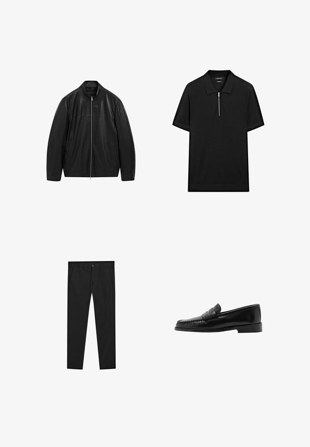Black zip-up leather jacket with stand collar and two front side pockets, designed with smooth and matte leather paneling.; Black short-sleeve polo shirt with a stand collar and a front zipper. Made of a smooth fabric with a clean, minimalist design.; Black chinos with a straight-leg design, made of soft fabric. Features a button closure, belt loops, and side pockets. Smooth texture.; Mango LUISA - Slip-ons - black