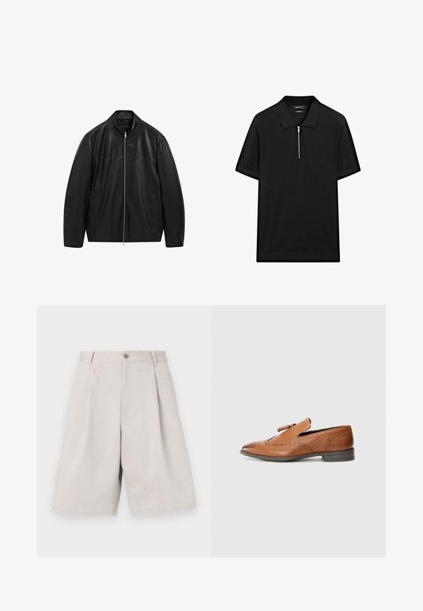 Czarna skórzana kurtka na zamek z stojącym kołnierzem i dwiema przednimi kieszeniami, zaprojektowana z gładkimi i matowymi panelami skórzanymi.; Czarna koszulka polo z krótkim rękawem, z kołnierzykiem stójkowym i zamkiem błyskawicznym z przodu. Wykonana z gładkiego materiału o czystym, minimalistycznym designie.; Jasnoszare lniane szorty o szerokim kroju, z przodu zapinane na guzik i z delikatnymi plisami dla dodatkowej faktury.; Brązowy skórzany but z perforowanymi detalami, teksturowanymi bokami, płaską podeszwą i dekoracyjną kokardą na cholewce. Klasyczny design z gładkim wykończeniem.