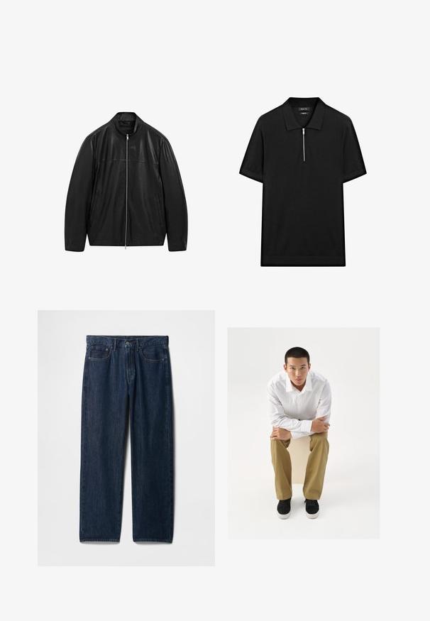 Czarna skórzana kurtka na zamek z stojącym kołnierzem i dwiema przednimi kieszeniami, zaprojektowana z gładkimi i matowymi panelami skórzanymi.; Czarna koszulka polo z krótkim rękawem, z kołnierzykiem stójkowym i zamkiem błyskawicznym z przodu. Wykonana z gładkiego materiału o czystym, minimalistycznym designie.; Ciemnoniebieskie dżinsy z denimu o prostym kroju nogawek, z pięcioma kieszeniami, zapięciem na górny guzik i widocznym przeszyciem wzdłuż szwów.; Biała koszula z guzikami w delikatne paski, khaki spodnie i czarne trampki. Model siedzi na sześcianie, z dłońmi złożonymi na kolanach.