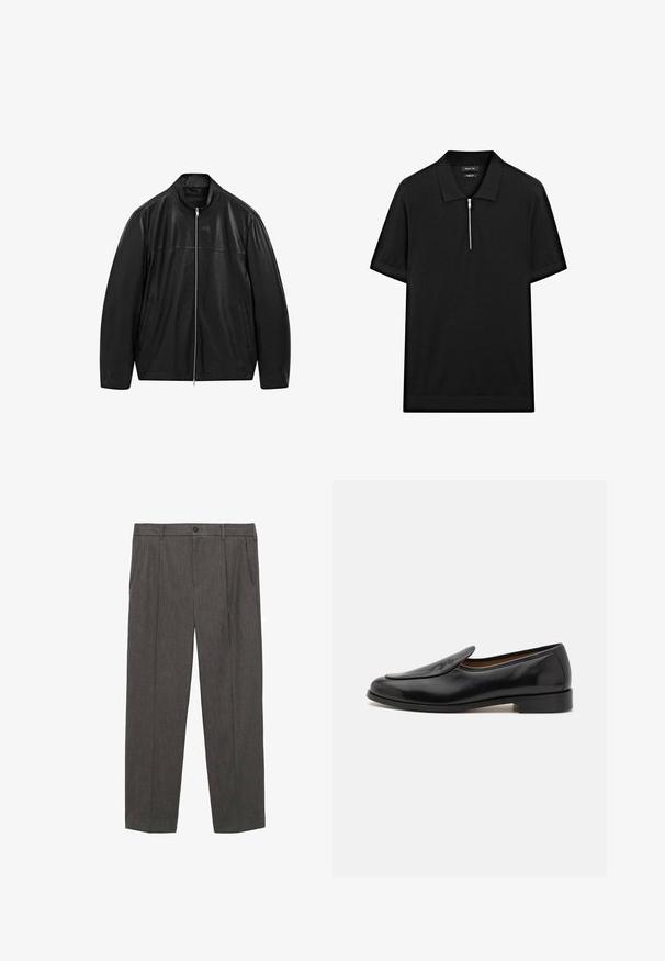 Zwarte leren jack met rits en staande kraag, voorzien van twee voorzakken, ontworpen met een combinatie van gladde en matte leren panelen.; Zwarte polo met korte mouwen, een staande kraag en een rits aan de voorkant. Gemaakt van een gladde stof met een schoon, minimalistisch ontwerp.; Grijze, op maat gemaakte broeken van gestructureerde stof. Voorzien van een knoopsluiting, twee voorzakken en een recht model.; Zwarte leren loafers met een gladde afwerking, ronde neus, lage hak en zijspleten voor gemakkelijk aan- en uittrekken. Voorzien van een subtiele logo-detail aan de voorkant.