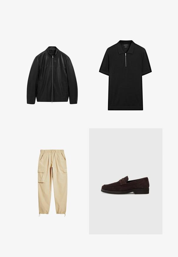Zwarte leren jack met rits en staande kraag, voorzien van twee voorzakken, ontworpen met een combinatie van gladde en matte leren panelen.; Zwarte polo met korte mouwen, een staande kraag en een rits aan de voorkant. Gemaakt van een gladde stof met een schoon, minimalistisch ontwerp.; Beige cargo pants van lichtgewicht stof, met een elastische tailleband, zijzakken en een trekkoord bij de enkel. Bevat geprinte tekst.; Bruine suède loafers met een lage profiel en ronde neus. Heeft een decoratieve band over de bovenkant, een platte rubberen zool en geen zichtbare stiksels.