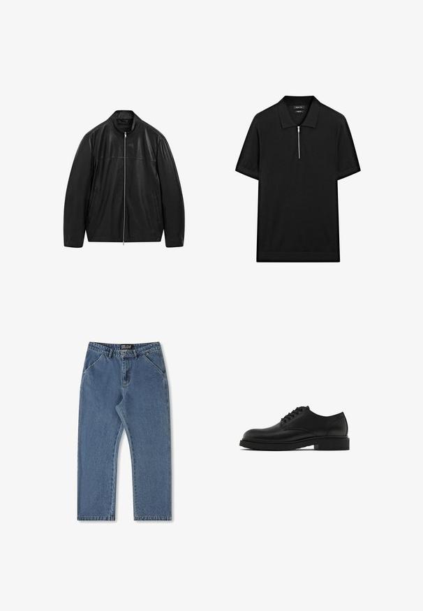 Black zip-up leather jacket with stand collar and two front side pockets, designed with smooth and matte leather paneling.; Black short-sleeve polo shirt with a stand collar and a front zipper. Made of a smooth fabric with a clean, minimalist design.; Blue denim jeans with a straight leg design, mid-rise waist, and classic five-pocket styling. Features subtle fading and stitched detailing.; Black leather dress shoe with a textured finish, round toe, five eyelets for laces, and a sturdy black sole. Simple, straight design.