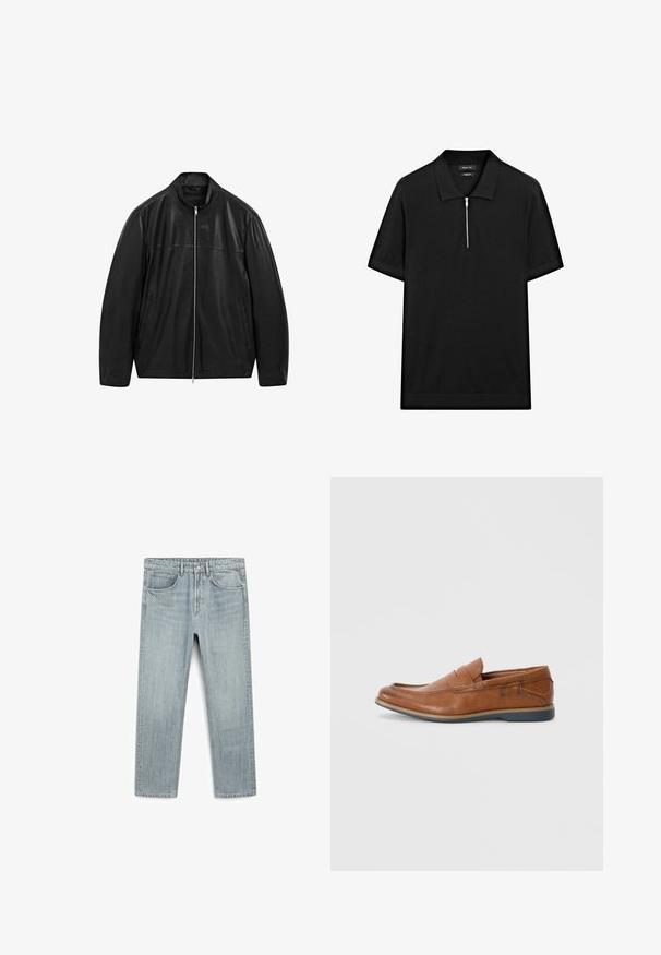 Giacca in pelle nera con zip e colletto alto, progettata con pannelli di pelle liscia e opaca e dotata di due tasche frontali laterali.; Polo shirt nero a maniche corte con colletto rialzato e zip frontale. Realizzato in un tessuto liscio con un design pulito e minimalista.; Jeans in denim azzurro chiaro con taglio diritto, cinque tasche e chiusura a bottoni e cerniera visibile. Texture liscia con leggero sbiancamento.; Mocassini in pelle marrone con punta tondeggiante, dettagli cuciti e suola in gomma bassa. Il design presenta una banda sulla parte superiore.