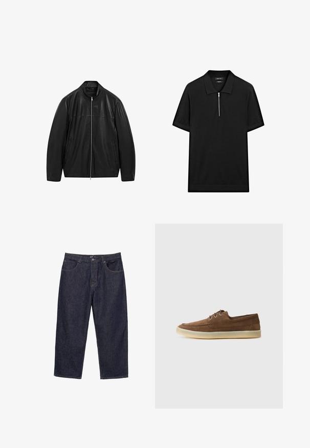Černá kožená bunda na zip s stojáčkovým límcem a dvěma předními bočními kapsami, navržená s hladkými a matnými koženými panely.; Černé polo tričko s krátkým rukávem, stojatým límečkem a předním zipem. Vyrobeno z hladké tkaniny s čistým, minimalistickým designem.; Tmavě modré džíny s rovnými nohavicemi, s předním zapínáním na knoflík a zip, a pěti kapsami, vystavené na bílém pozadí.; Hnědé semišové boty s nízkým profilem, šněrovacím designem, gumovou podrážkou a kontrastními švy. Jednoduchý a funkční styl.